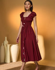 Maroon Smocked Midi Dress