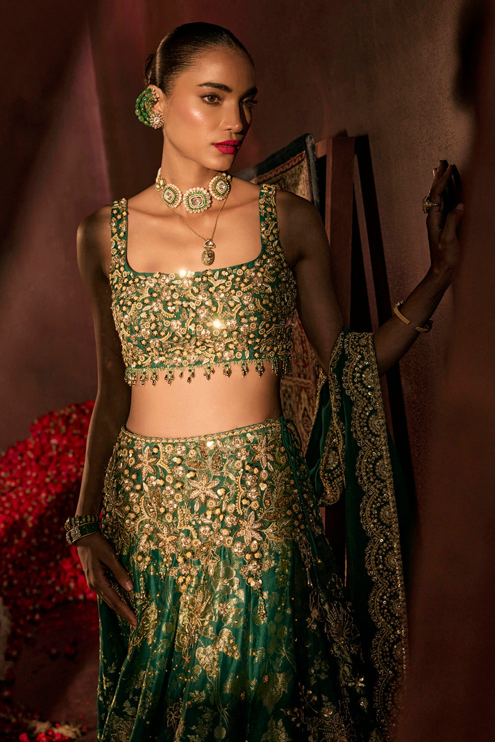 Teal Broad Belt Brocade Lehenga Set