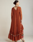 Rust Round Neck Asymmetrical Kurta Pant Set