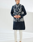 Midnight Blue Matka Silk Applique Embroidered Bundi Jacket Set