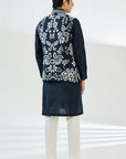 Midnight Blue Matka Silk Applique Embroidered Bundi Jacket Set