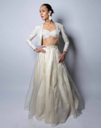 Embellished Bustier with Short Jacket and Organza Skirt with Textured Organza Drape - Ready to Ship