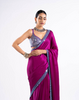 Pop Wine Satin Chiffon Saree Set