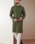 Olive Green Silk Dori Embroidered Kurta Set - Ready to Ship