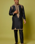 Black Silk Embroidered Kurta Set - Ready to Ship