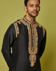 Black Silk Embroidered Kurta Set - Ready to Ship