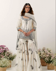 Ivory Mirror & Resham Embroidered Kurti Paired with Gharara & Dupatta - Ready to Ship