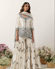Ivory Mirror & Resham Embroidered Kurti Paired with Gharara & Dupatta - Ready to Ship