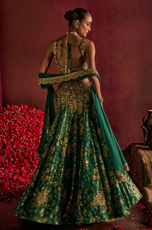 Teal Broad Belt Brocade Lehenga Set