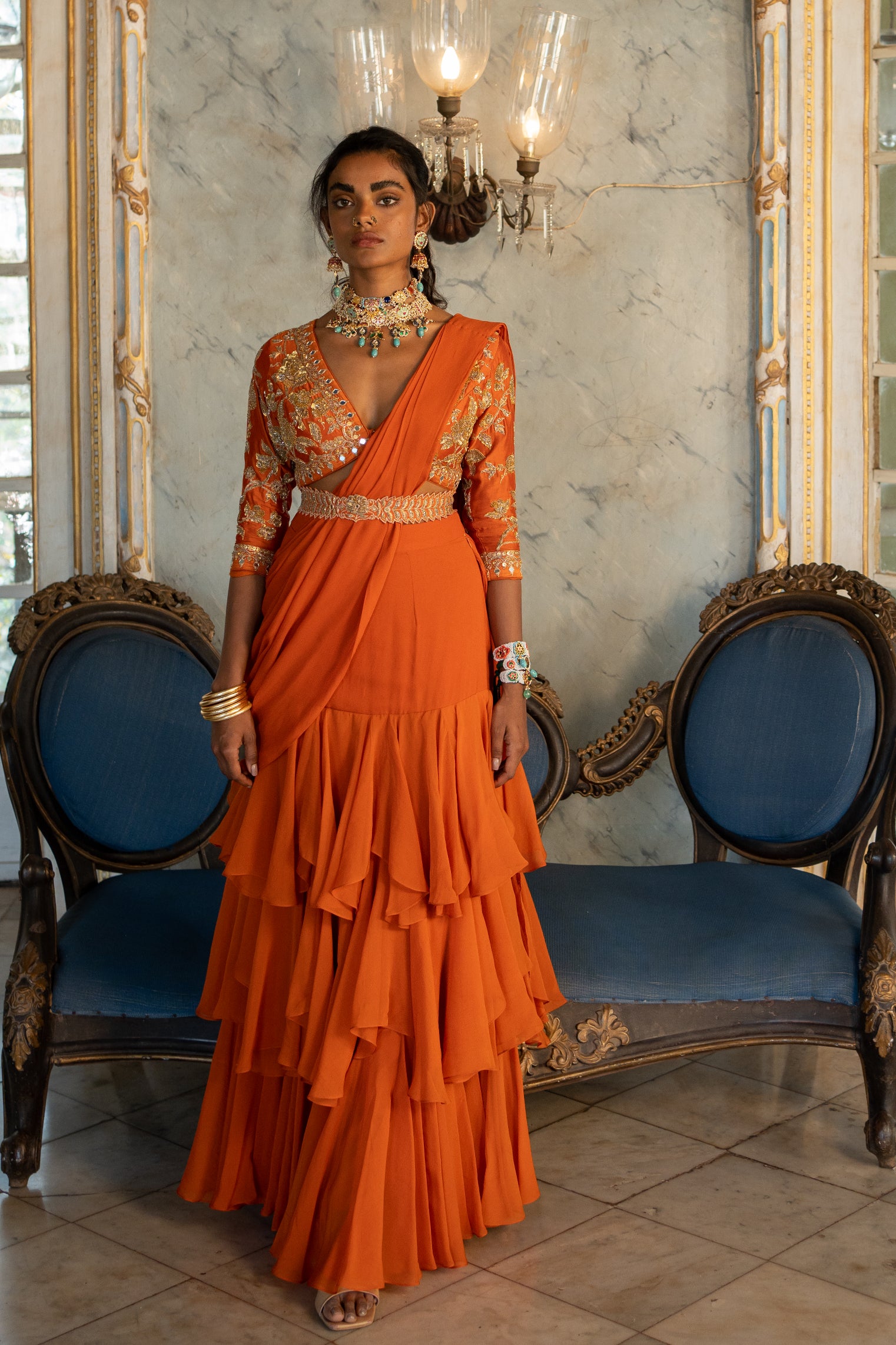 Burnt Orange 3 Layer Sari Set