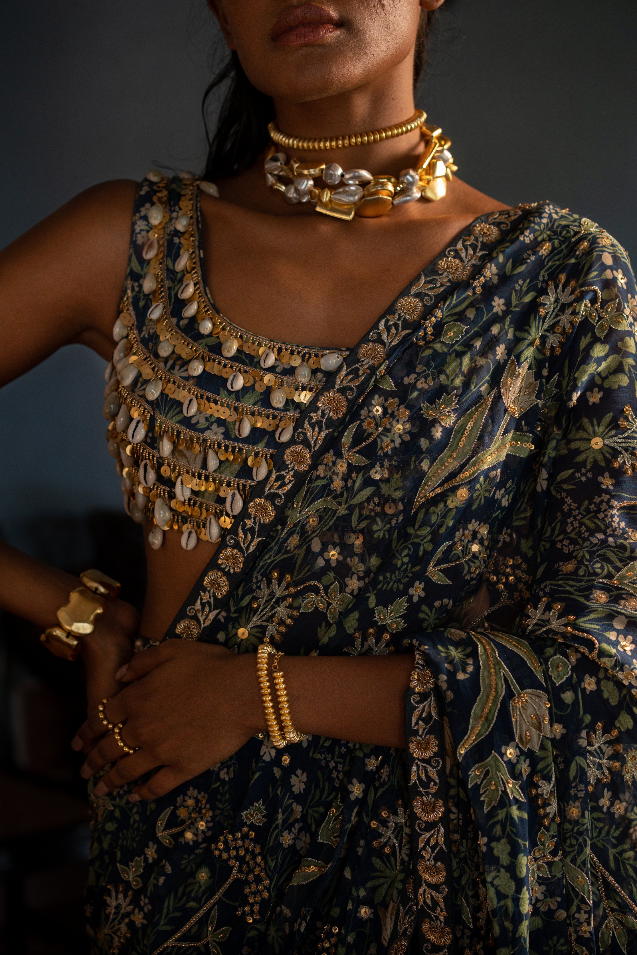 Tropical Print Kowri Shell Blouse Sari Set