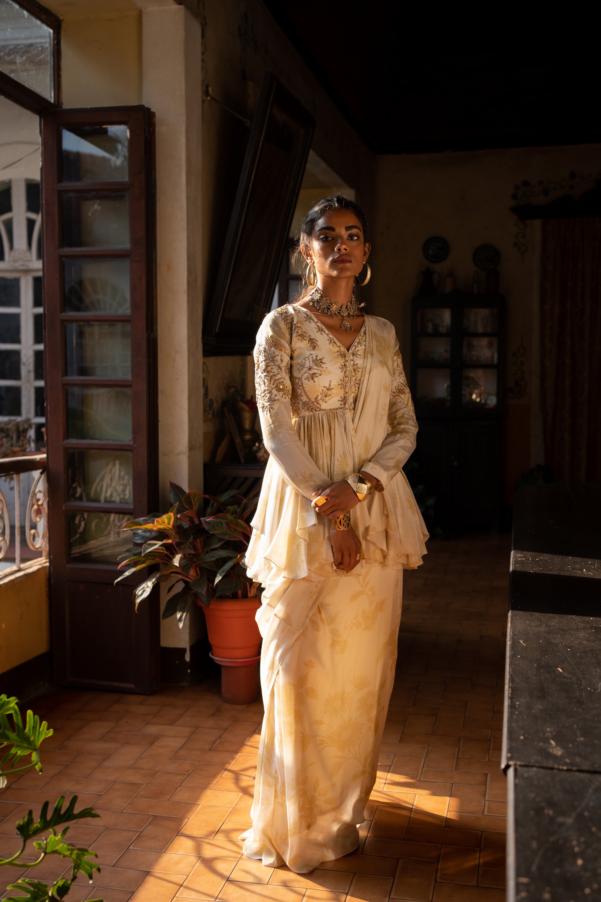 Ivory Soothing Floral Peplum Sari Set