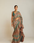 Pre Draped Mud Green Multicolor Saree Set