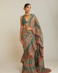 Pre Draped Mud Green Multicolor Saree Set