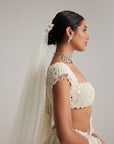 Off White Mirror And Pearl Drop Bridal Lehenga Set With Veil