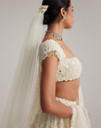 Off White Mirror And Pearl Drop Bridal Lehenga Set With Veil