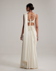 Off White Pearl And Mirror Embroidered Satin Draped Saree Set