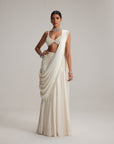 Off White Pearl And Mirror Embroidered Satin Draped Saree Set