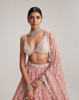 Dusty Rose Organza Long Pearl Tassels Lehenga Set
