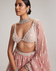 Dusty Rose Organza Long Pearl Tassels Lehenga Set