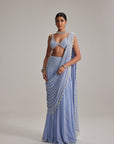 Dew Blue Linear Mirror And Pearl Embroidered Draped Saree Set