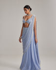 Dew Blue Linear Mirror And Pearl Embroidered Draped Saree Set