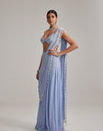 Dew Blue Linear Mirror And Pearl Embroidered Draped Saree Set