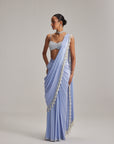 Dew Blue Satin Draped Saree Set