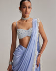Dew Blue Satin Draped Saree Set