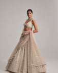 Light Beige Dense Mirror And Pearl Lehenga Set With Double Dupatta