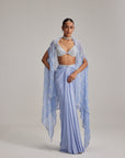 Dew Blue Cape And Satin Draped Skirt Set