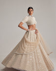 Light Beige Dense Mirror And Pearl Lehenga Set With High Neck Blouse And Dupatta
