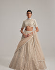 Light Beige Dense Mirror And Pearl Lehenga Set With High Neck Blouse And Dupatta