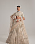 Light Beige Dense Mirror And Pearl Lehenga Set With High Neck Blouse And Double Dupatta