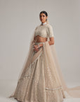 Light Beige Dense Pearl And Mirror Lehenga Set With High Neck Blouse, Double Dupatta And Veil