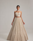 Light Beige Dense Mirror And Pearl Corset Lehenga Set