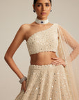 Light Beige Dense Mirror And Pearl One Shoulder Lehenga Set