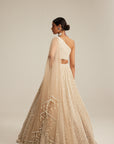 Light Beige Dense Mirror And Pearl One Shoulder Lehenga Set