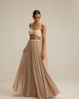Light Beige Skirt Set With Halter Neck Blouse