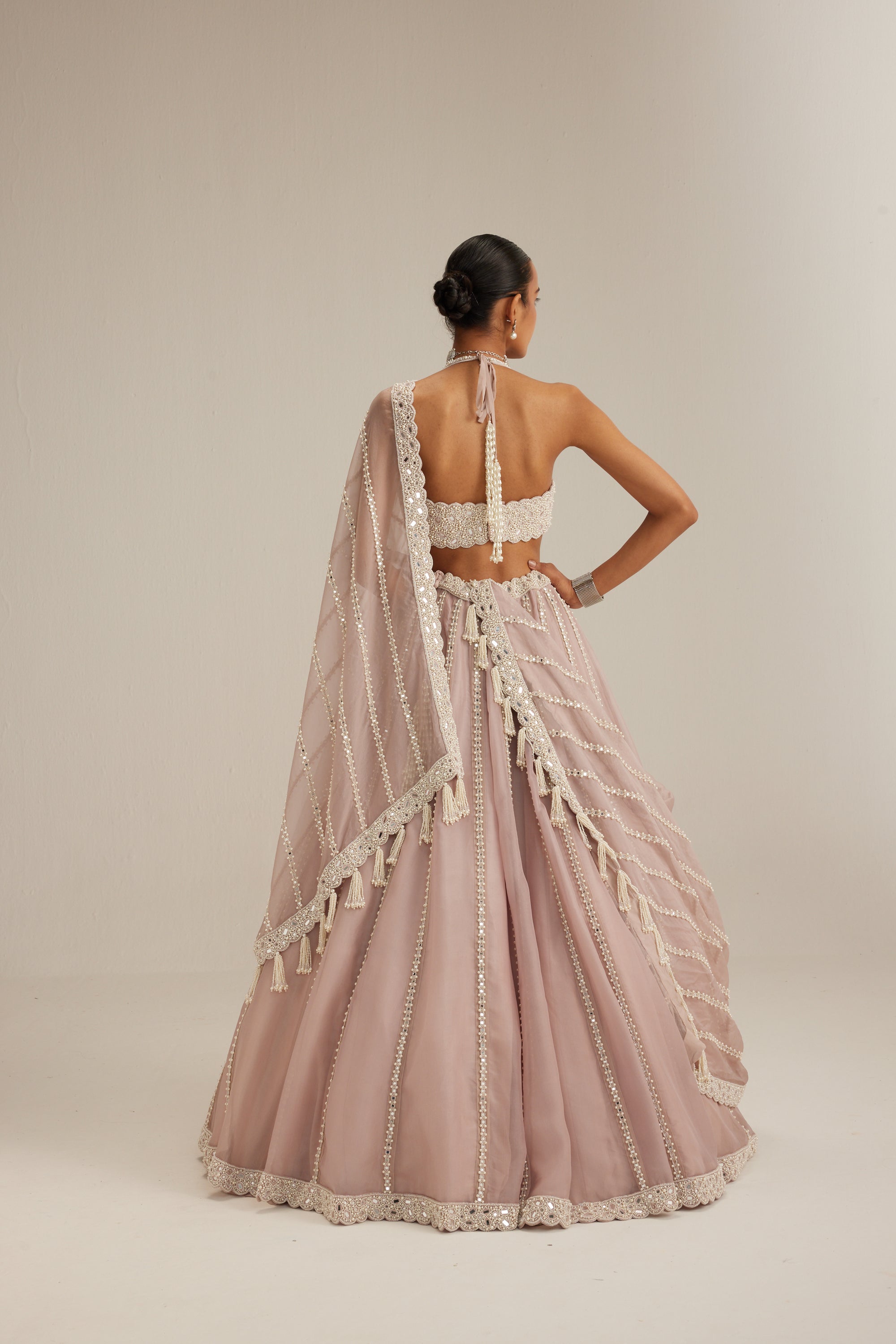 Ash Pink Linear Embroidered Organza Lehenga Set