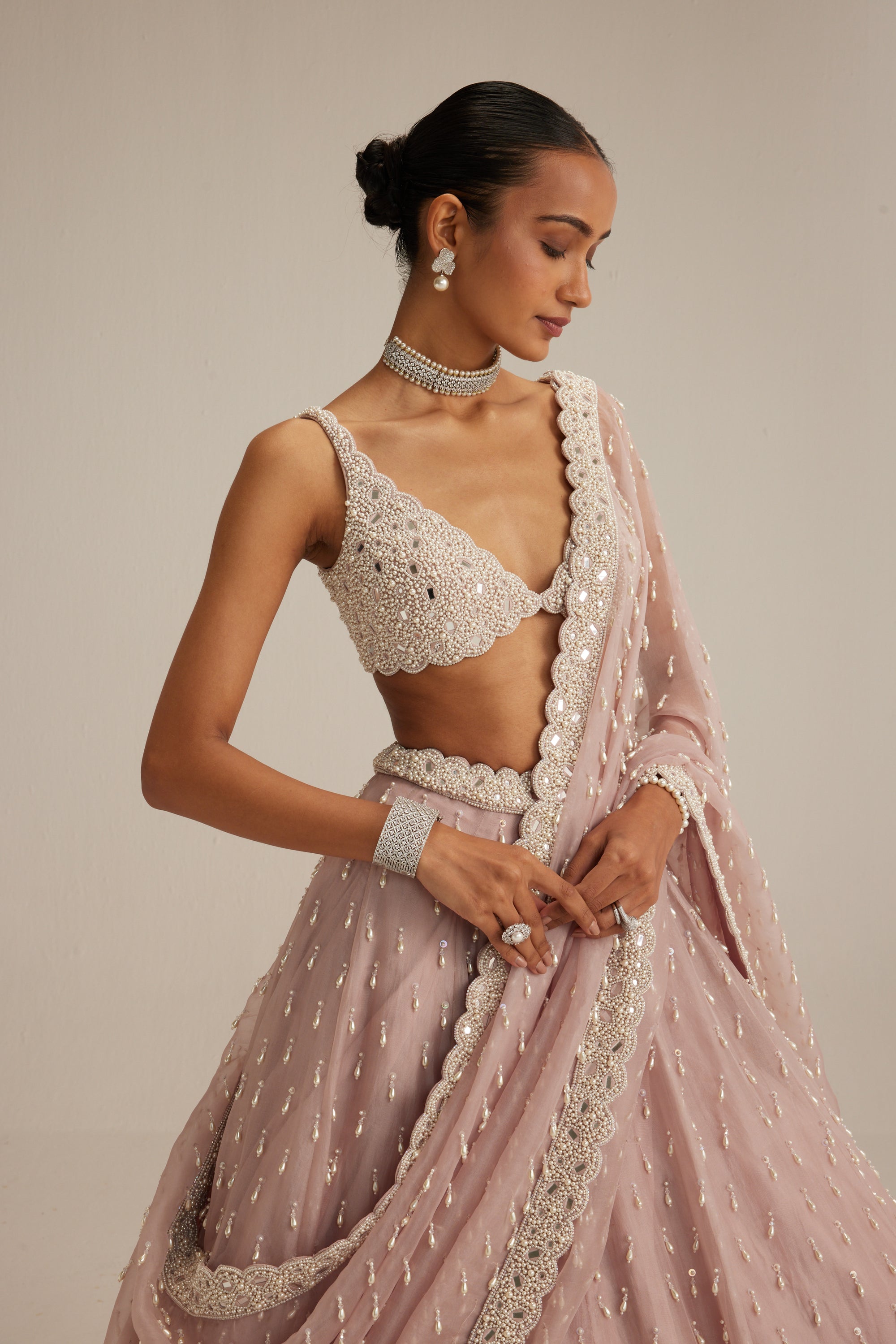 Ash Pink Pearl Drop Organza Lehenga Set