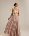 Ash Pink Georgette Skirt With Halter Neck Blouse And Stole
