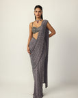 Metallic Grey Single Drop Draped Saree Set