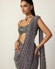 Metallic Grey Single Drop Draped Saree Set