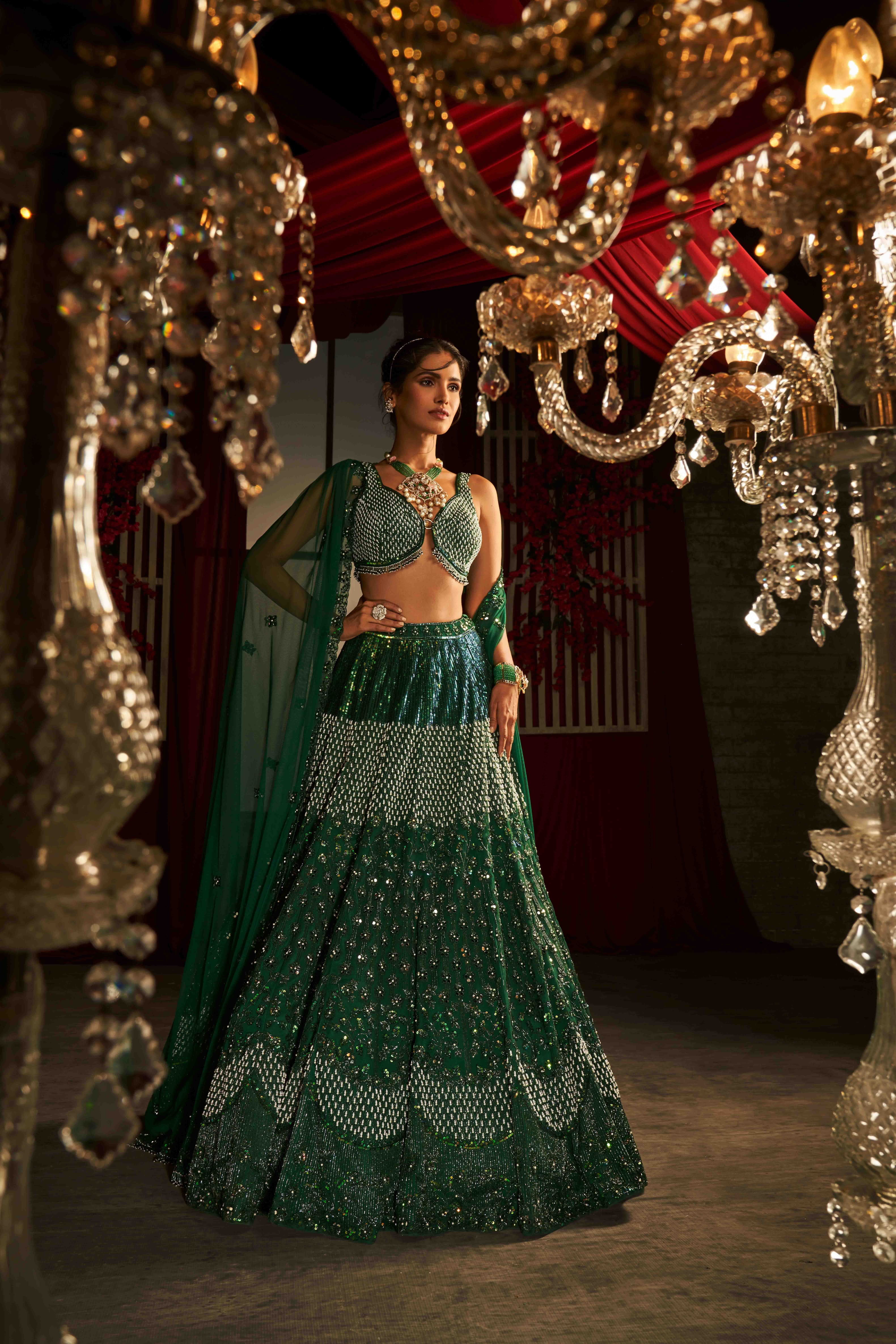 Pearl And Sequin Embroidered Emerald Green Lehenga