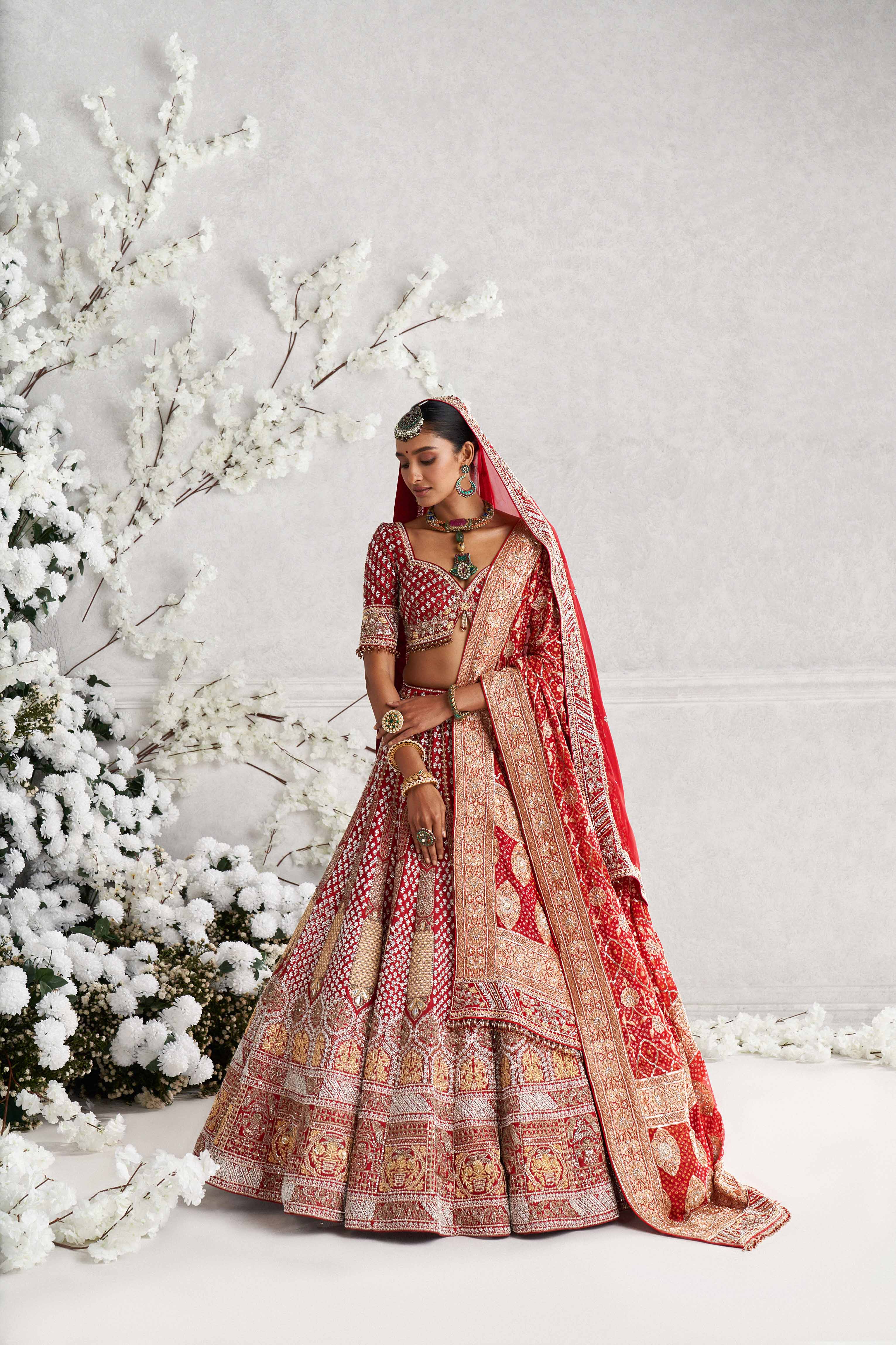 Red Bridal Set With Organza Dupatta And Bandhani Dupatta