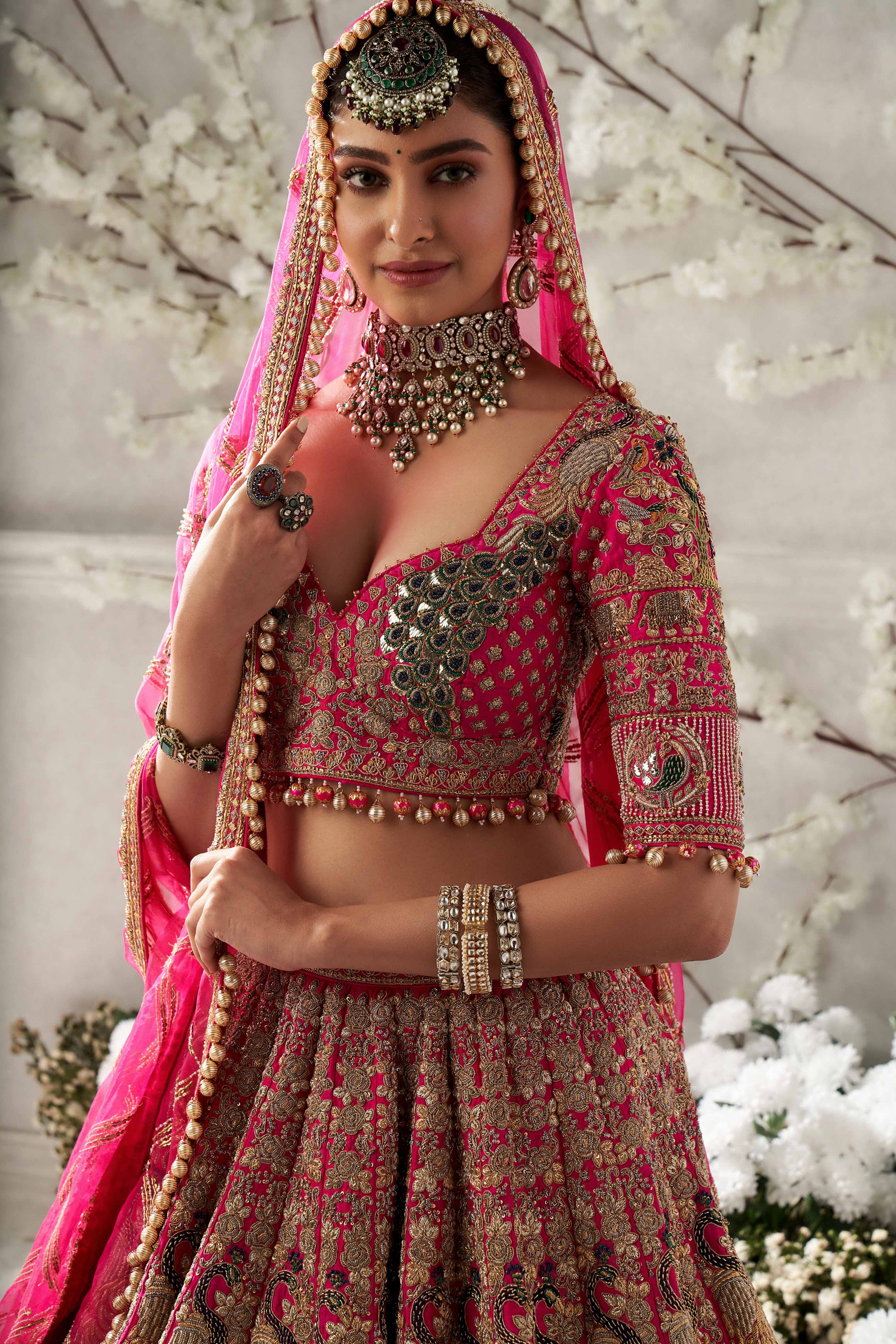 Rani Pink Embroidered Bridal Set Wit Pink Organza Dupatta And A Mint Trail Dupatta For Head