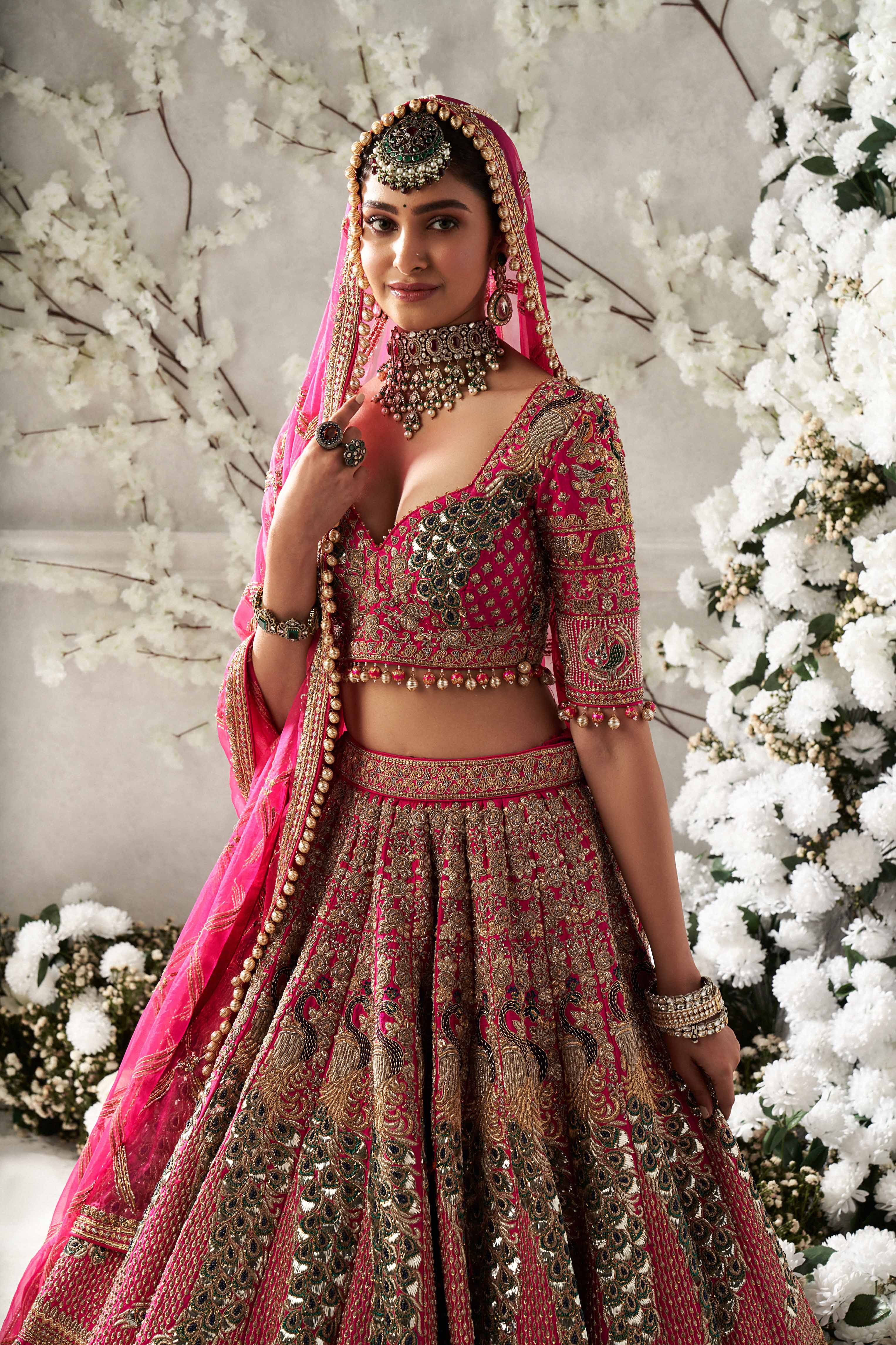 Rani Pink Embroidered Bridal Set Wit Pink Organza Dupatta And A Mint Trail Dupatta For Head