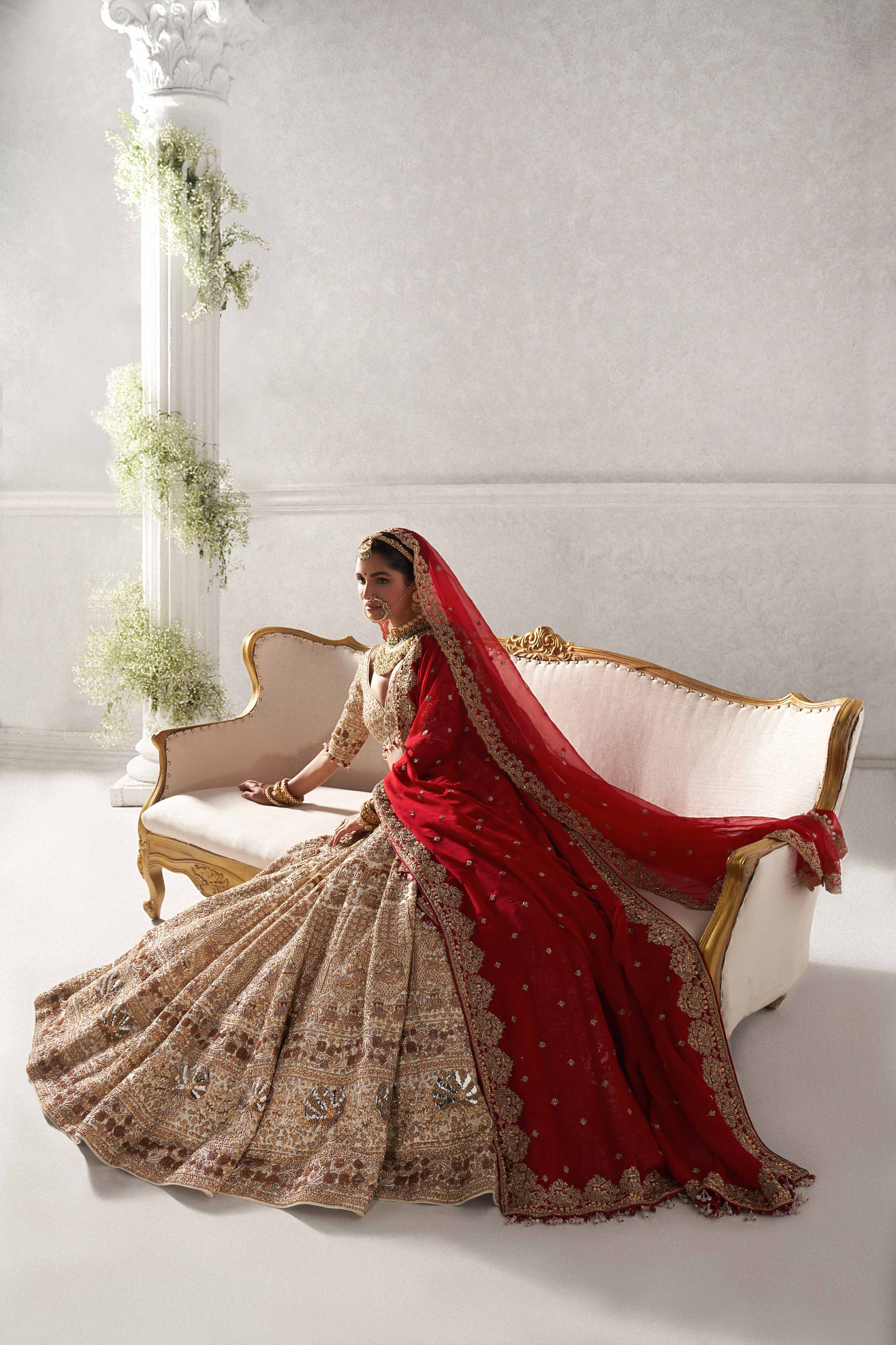 Ivory Hand Embroidered Lehenga With Two Deep Red Dupattas