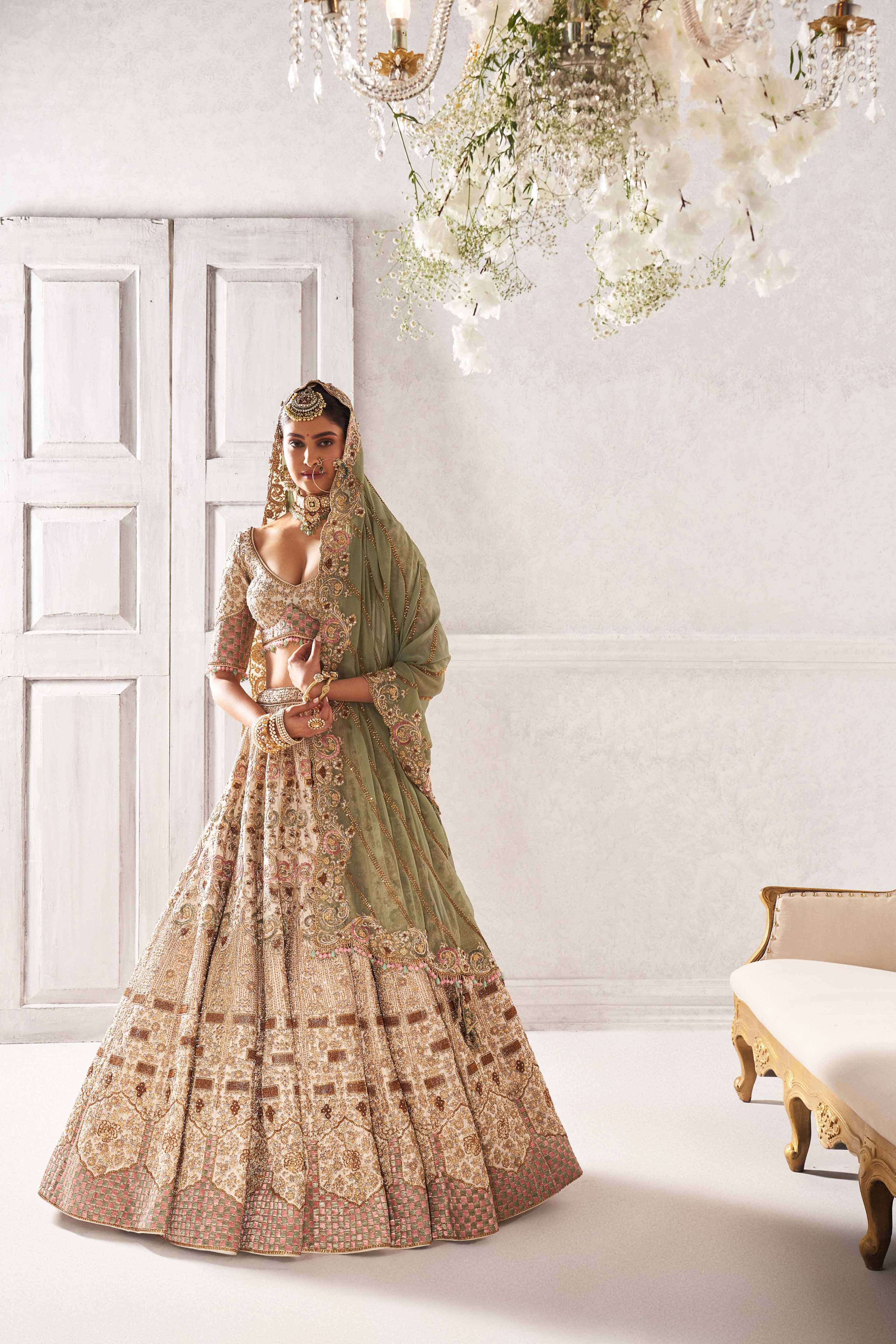 Ivory Hand Embroidered Lehenga With Two Mint Dupattas